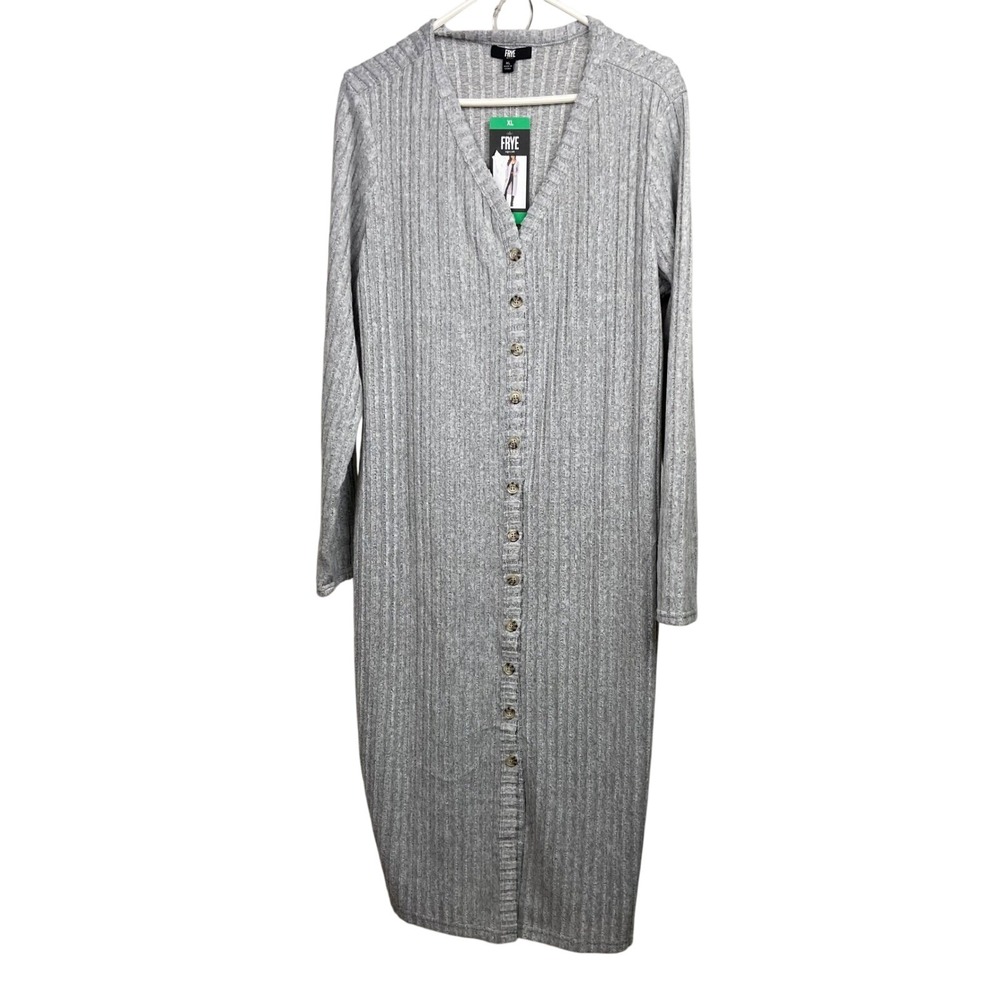 Frye‎ Ribbed Knit Button Front Midi Dress Long Sleeve XL Heather Gray Cozy NWT